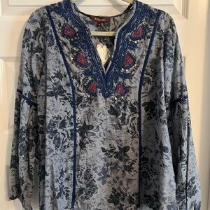 Ranna Gill Navy and Pink Embroidered Blouse